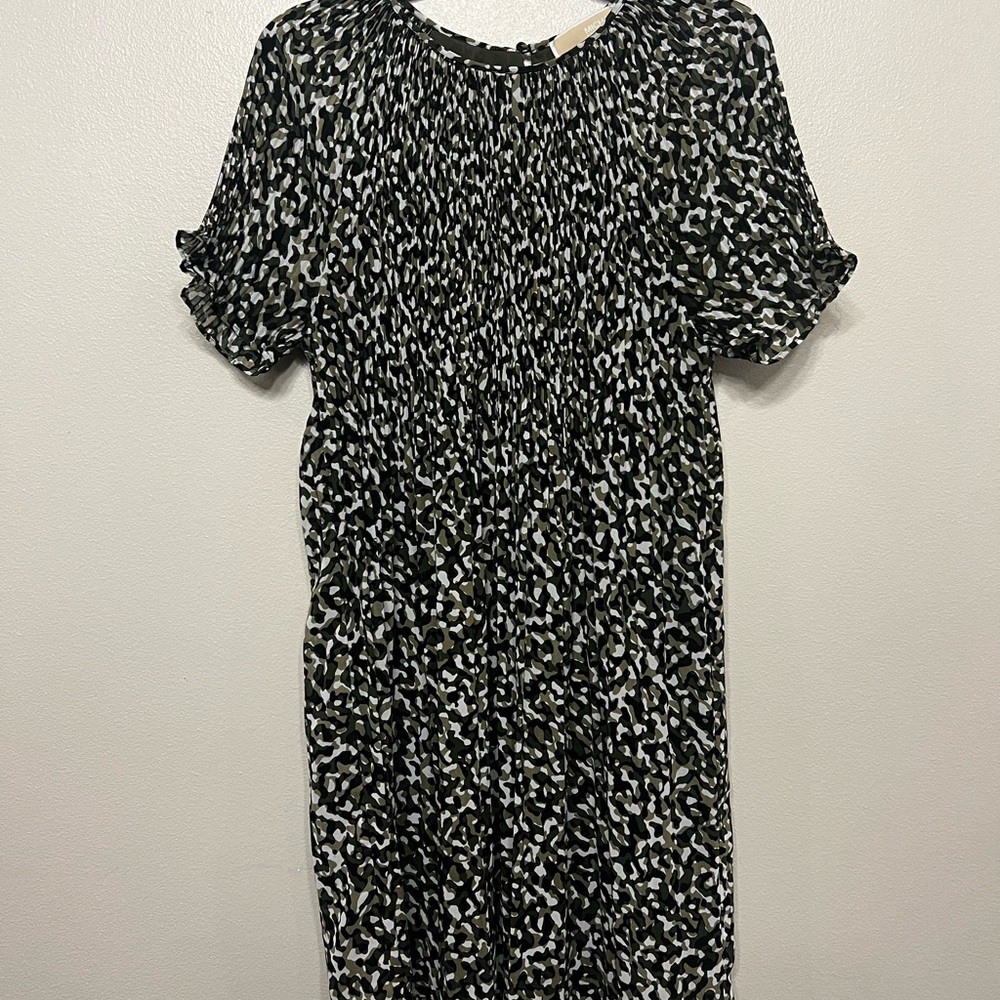MICHAEL Kors Green Black Camo Pleated Patterned Ruffle Sleeve Midi Dress Sz L
